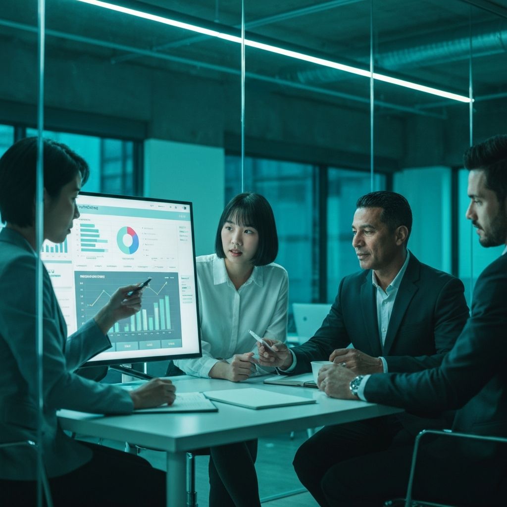 Business team collaborating around analytics dashboard